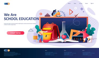 Okul eğitimi düz iniş sayfası şablonu. İlkokul eğitimi web pankartı. Alışveriş okulu malzemeleri, sırt çantası ve 3D kompozisyon. Web sayfası illüstrasyonu.