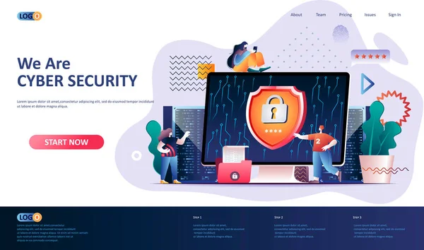 Cyber Security Flat Landing Page Sablon Tűzfal Szoftver Jelszó Azonosítás — Stock Vector