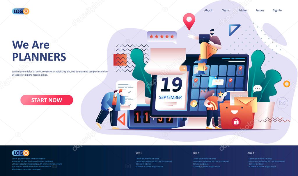 Planning flat landing page template. Business planning, organizing work activities and tasks web banner. Time management and high productivity 3d composition. Web page vector illustration.