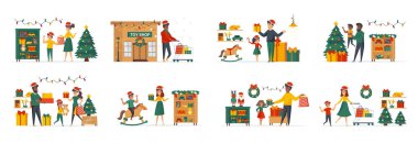 Oyuncak mağazaları Noel zamanı düz karakterli sahnelerle doludur. Çocuklu ebeveynler oyuncakçı dükkanlarında kavramsal şeyler alıyorlar. Yeni yıl ve Xmas kış tatili çizgi film vektör çizimi.