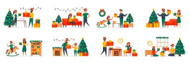 Düz karakterli sahneler sunan hediyeler. Mutlu insanlar birbirlerine kavramsal durumları hediye ediyorlar. Mutlu Noeller ve Mutlu Yıllar çizgi film çizimleri