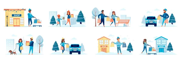 Wintereinkauf Bündel Von Szenen Mit Menschen Charaktere Wochenend Familieneinkäufe Käufer — Stockvektor