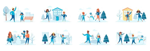 Зимові Сімейні Канікули Набір Сцен Персонажами Людей Батьки Грають Снігові — стоковий вектор
