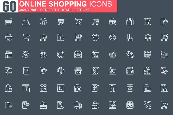 Online Winkelen Dunne Lijn Pictogram Set Internet Markt Schema Pictogrammen — Stockvector