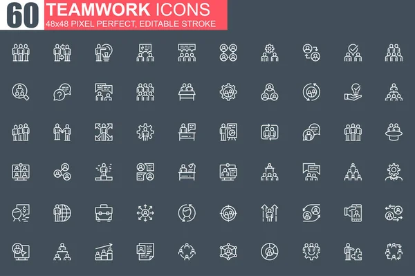 Teamwork Thin Line Icon Set Business Team Collaboration Outline Pictograms — Stock Vector