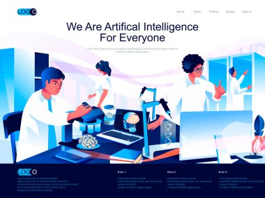 We are Artificial Intelligence for everyone isometric landing page. Machine learning, smart technology isometry website page. Scientists working in lab, vector illustration with people characters. clipart