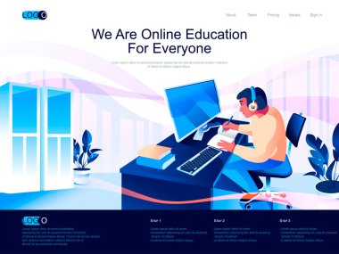 Herkes için Çevrimiçi Eğitim İniş Sayfası. Mesafe öğrenme, çevrimiçi kurslar izometri web sitesi. Bilgisayar web konsepti ile çalışan öğrenci, insan karakteri ile vektör illüstrasyonu.
