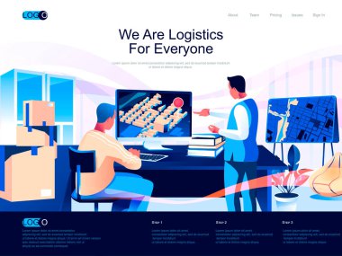 Biz herkesin izometrik iniş sayfası için lojistiğiz. Depolama ve gönderme isometri web sitesi sayfası. Lojistikçi dağıtım güzergahı web konsepti, insan karakterli vektör illüstrasyonu.