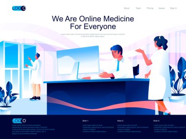 Herkes için Çevrimiçi Tıp İniş Sayfası 'yız. Klinik izometri web sitesinde modern tanı ve tedavi. İş yeri web konsepti doktoru, insan karakterli vektör illüstrasyonu.