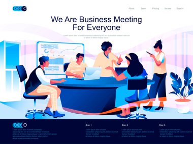 İzometrik iniş sayfası için iş toplantısı yapıyoruz. Ortaklık ve takım çalışması izometri web sitesi sayfası. İş ekibi proje web konseptini, vektör illüstrasyonunu insan karakterleriyle tartışıyor.