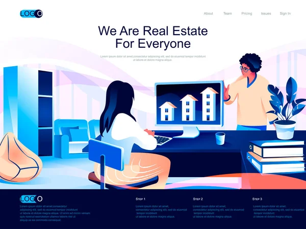 Wij Zijn Real Estate Voor Iedereen Isometrische Landing Page Makelaarskantoor — Stockvector