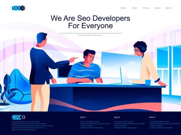 Wij Zijn Seo Developers Voor Iedereen Isometrische Landing Page Zoekmachine — Stockvector
