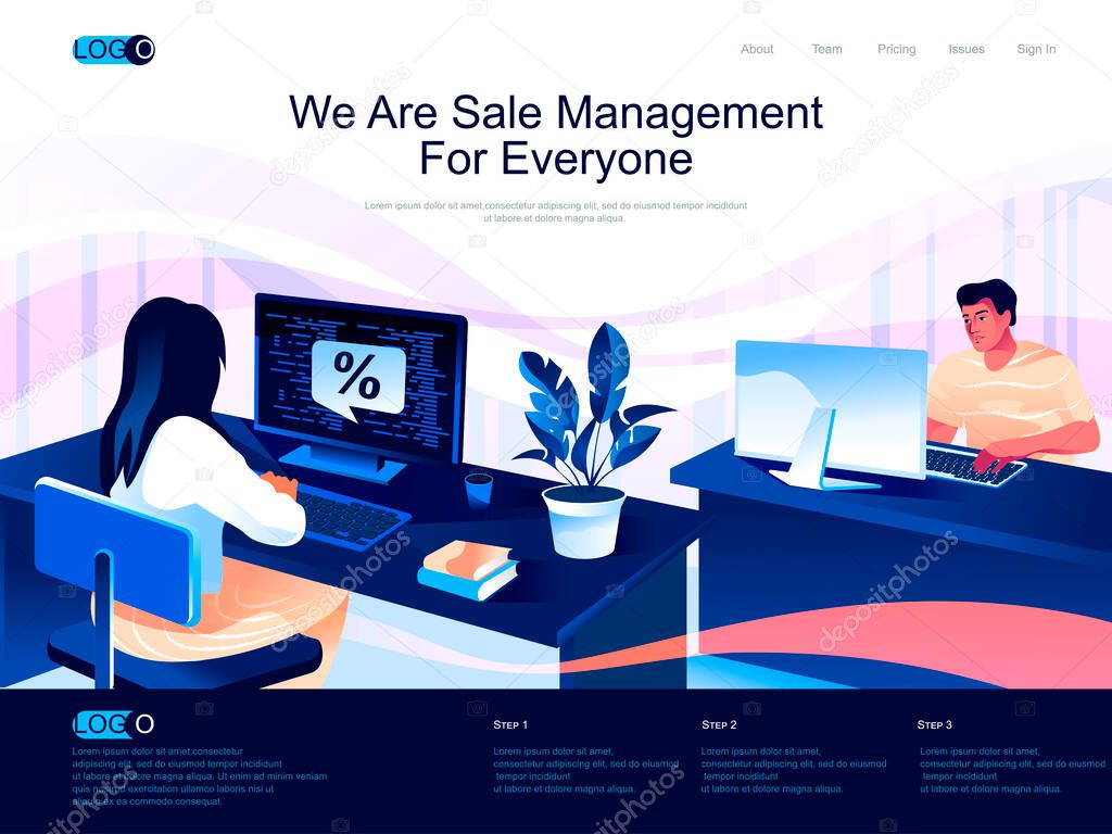 We are Sale Management for everyone isometric landing page. Analyzing and developing salesforce isometry website. Manager working on computer web concept, vector illustration with people characters.