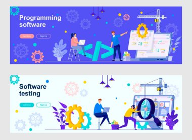 Insan karakterleriyle yazılım indirme sayfası programlanıyor. Program hata ayıklama ve optimizasyon web pankartları ayarlandı. Uygulama geliştirme ve test vektör illüstrasyonu sosyal medya kapağı için harika.