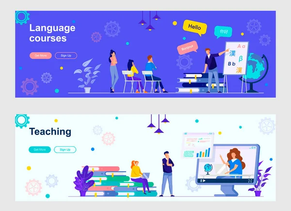 語学コースや人のキャラクターとランディングページを教えています オンライン距離学習 サービスのWebバナーの設定を教える ソーシャルメディアのカバーのための素晴らしいEラーニングプラットフォームのベクトルイラスト — ストックベクタ