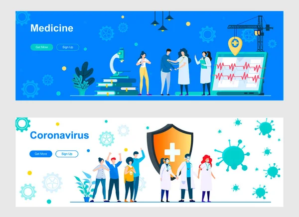 Pagina Iniziale Medicina Coronavirus Con Personaggi Della Gente Set Banner — Vettoriale Stock