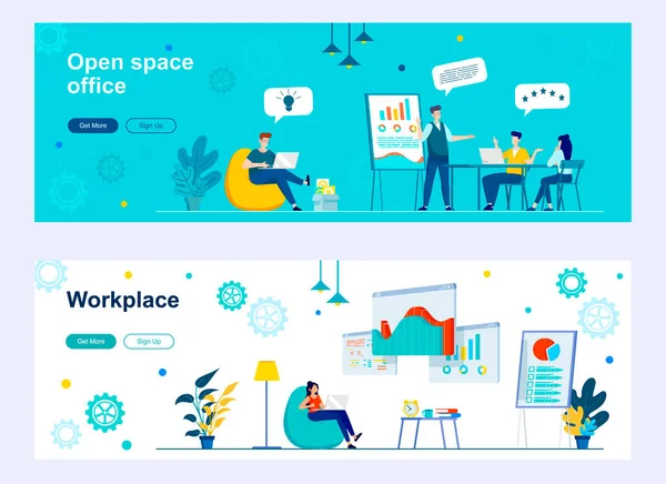Abra Landing Page Escritório Espacial Com Personagens Pessoas Local Trabalho —  Vetores de Stock