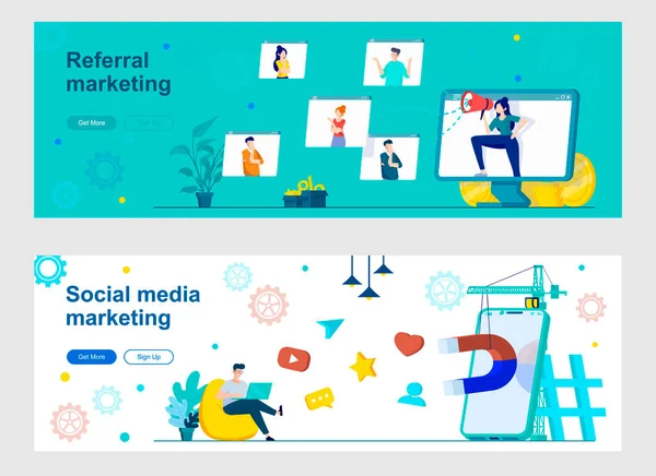 Social Media Marketing Strona Docelowa Postaciami Ludzi Promocja Ogłoszenie Mediach — Wektor stockowy