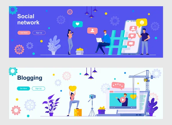 Red Social Landing Page Blogs Con Personajes Personas Producción Contenido — Archivo Imágenes Vectoriales