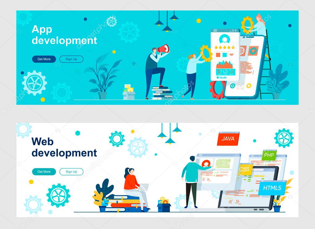 App and web development landing page with people characters. Full stack software engineering and programming web banners set. Websites construction vector illustration great for social media cover.