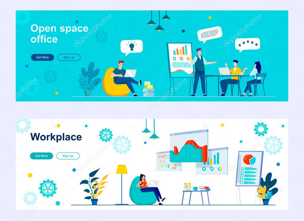 Open space office landing page with people characters. Modern and comfortable workplace for teamwork web banners set. Coworking workspace, workflow vector illustration great for social media cover.