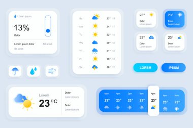 Hava tahmini mobil uygulaması için GUI ögeleri. Sıcaklık, atmosfer basıncı, hava durumu kullanıcı arayüzü jeneratörü. Ui ux araç takımı vektör illüstrasyonu. Geçerli ve saatlik hava tahmini bileşenleri.