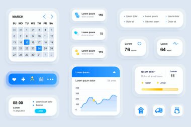 İlaç mobil uygulaması için GUI ögeleri. Klinikte çevrimiçi tıbbi hizmetler, eczane kullanıcı arayüzü jeneratörü. Eşsiz ui ux tasarım seti vektör çizimi. Takvim, navigasyon ve grafik bileşenleri