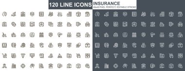 Sigorta ince çizgi simgeleri ayarlandı. Kaza koruma ve hayat sigortası benzersiz tasarım simgeleri. Finansal güvenlik, emeklilik programı vektör destesi. 48x48 piksel mükemmel doğrusal pictogram paketi.