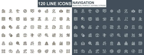 Conjunto Iconos Línea Delgada Navegación Iconos Diseño Único Seguimiento Destino — Archivo Imágenes Vectoriales