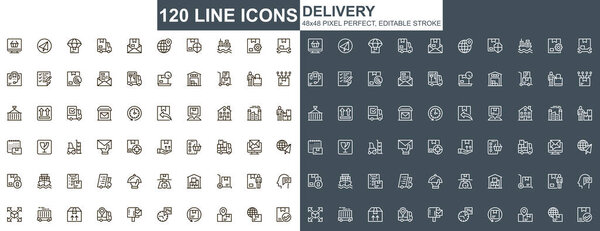 Доставка тонкой нитки. Глобальные и локальные иконки судоходства, складирования и транспортировки уникального дизайна. Векторный набор услуг экспресс-доставки. 48x48 пикселей идеального линейного пакета пиктограмм.