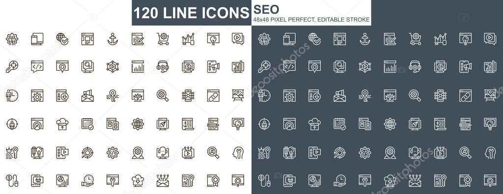 Seo optimization thin line icons set. Content analysis, online marketing and research unique design icons. Search engine optimization outline vector bundle. 48x48 pixel perfect linear pictogram pack.
