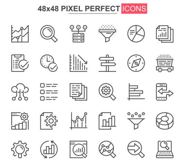 Büyük veri analizi ince çizgi simgesi seti. Web sitesi ve mobil uygulama arayüzü için veri işleme çizgisi pictogramları. Dijital analitik basit UI, UX vektör simgeleri. 48x48 piksel mükemmel resim paketi.