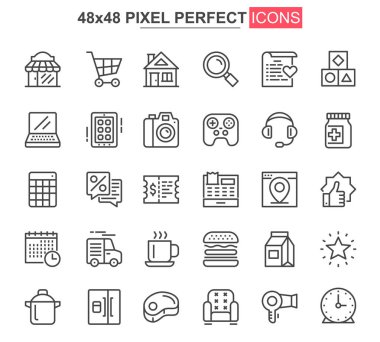 İnce çizgi simgesi alınıyor. İndirim teklifi ve perakende satış taslağı web ve mobil uygulama GUI için pictogramlar. Süpermarket alışverişi basit UI, UX vektör simgeleri. 48x48 piksel mükemmel resim paketi.