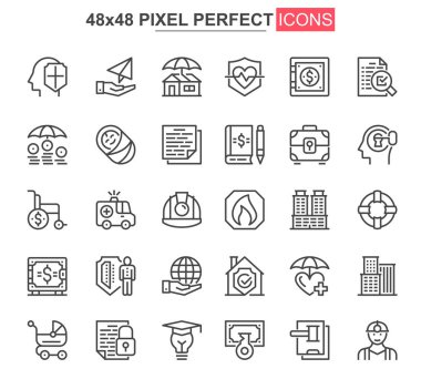 Sigorta ince çizgi simgeleri ayarlandı. Kaza koruma ve hayat sigortası benzersiz tasarım simgeleri. Finansal güvenlik, emeklilik programı vektör destesi. 48x48 piksel mükemmel doğrusal pictogram paketi.