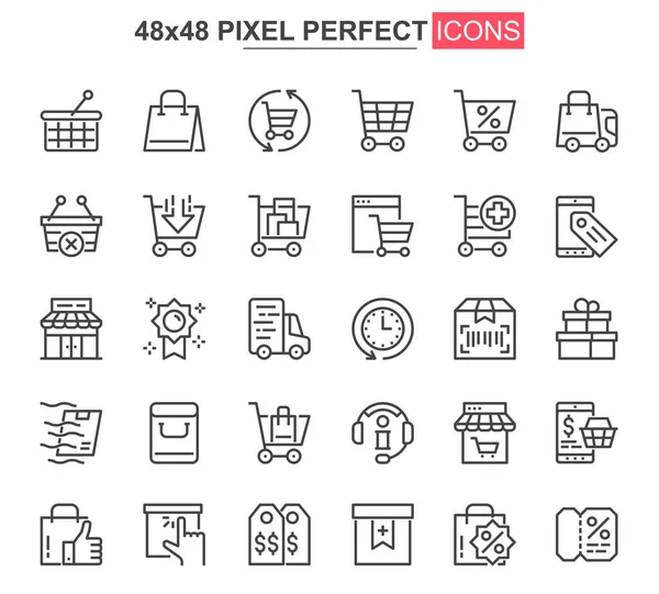 オンラインショッピング細い線のアイコンセット ウェブサイトやモバイルアプリのためのインターネット市場のアウトラインピクトグラム オンライン注文と配信シンプルなUi Uxベクトルアイコン 48X48ピクセルの完璧なピクトグラムパック — ストックベクタ