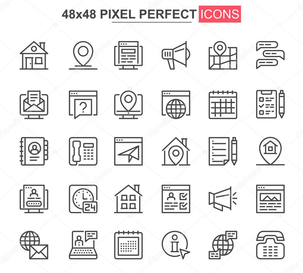 Contact us thin line icons set. Online communication, email messaging unique design icons. Business connections, chat and phone calling outline vector bundle. 48x48 pixel perfect linear pictogram pack