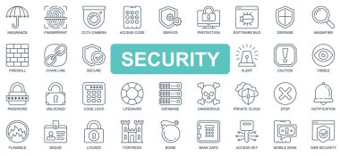 Güvenlik kavramı basit çizgi simgeleri ayarlandı. Piktogram sigorta, koruma, güvenlik duvarı, güvenlik, savunma, veri tabanı, özel bulut ve diğerlerini paketle. Web sitesi ve mobil uygulama tasarımı sembolleri.