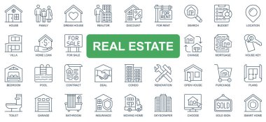Emlak konsepti basit çizgi simgeleri ayarlandı. Hayalindeki evin, kiranın, satışın, kredinin, ipoteğin, yenilemenin, sigortanın, anlaşmanın ve diğer şeylerin ana hatlarını hazırla. Web sitesi ve mobil uygulama tasarımı sembolleri.