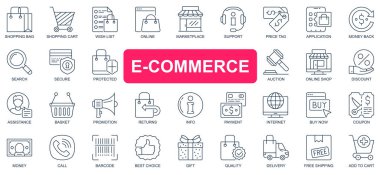 E-ticaret konsepti basit çizgi simgeleri ayarlandı. Resim çizimlerini paketle, alışveriş, online, pazar yeri, destek, fiyat etiketi, açık arttırma, indirim ve diğer şeyler. Web sitesi ve mobil uygulama tasarımı sembolleri.
