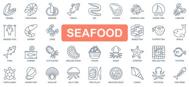 Deniz ürünleri konsepti basit çizgi simgeleri ayarlandı. Özet olarak midye, balık bifteği, sardalya, ıstakoz, karides, yengeç, balina, ton balığı, denizyıldızı ve diğerleri. Web sitesi ve mobil uygulama tasarımı sembolleri.