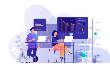 Modern web tasarımı için büyük veri analizi kavramı. İstatistiksel grafikler ve veri grafikleriyle çalışan insanlar, diyagramlı gösterge panellerini araştırıyorlar. Düz vektör çizimi beyaz arkaplanda izole edildi.