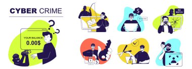 İnternet tasarımı için siber suç konsepti ayarlandı. Kredi kartı hırsızlığı, para çalma, şifre çalma, hackerların saldırıları, dolandırıcılık ve casusluktan muzdarip insanların toplandığı bir koleksiyon. Vektör illüstrasyonu.