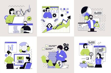 Web tasarımı için iş ve finans konsepti ayarlandı. Finansal analiz yapan, grafik ve grafiklerle çalışan, planlama stratejisi olan, yatırım yapan ve para kazanan insanlarla koleksiyon yapmak. Vektör illüstrasyonu.