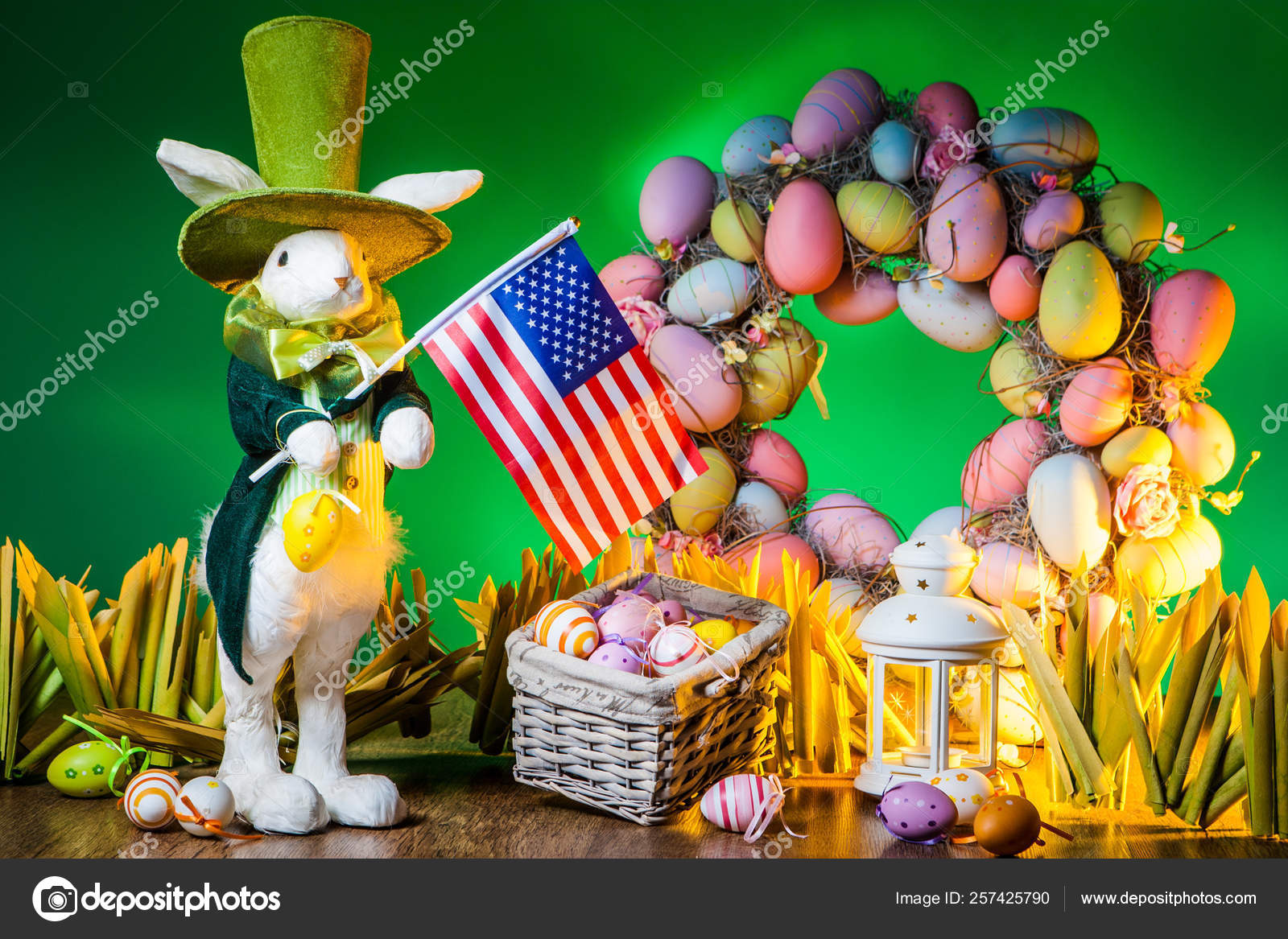 Feast Easter Rabbit Colorful Eggs Easter Holiday Usa Flag United Stock Photo Image By C Grinphoto 257425790