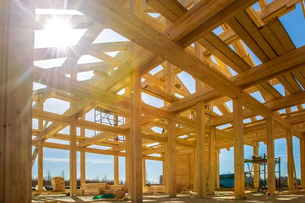 House made of laminated veneer lumber. The frame of the house. Construction of cottages. Under construction cottage. — Stock Image House Made Laminated Veneer Lumber Frame House Construction Cottages Construction Royalty Free Stock Photos