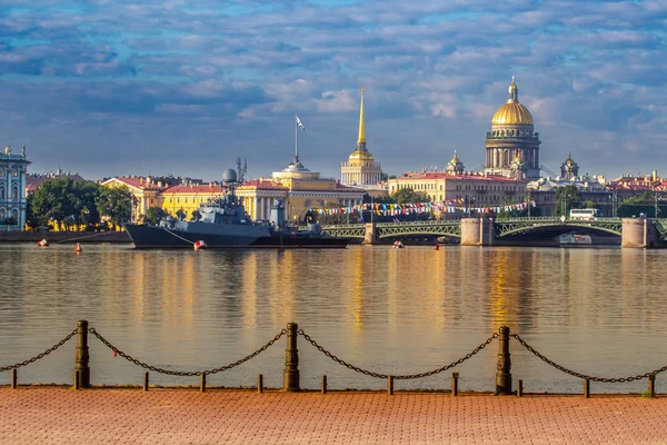 Saint Petersburg. Russia. A sea holiday. Saint Isaac\'s Cathedral. Warships on the Neva River. Parade of warships. Summer day in St. Petersburg. Military of Russia.