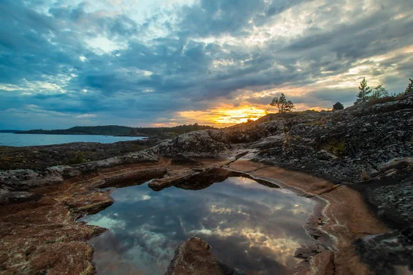 Panorama of Karelia. Russia. The Republic of Karelia. A panorama of the nature of Russia. Ladoga lake. Rocky shore. Wild nature of Karelia. — Stock Image Panorama Karelia Russia Republic Karelia Panorama Nature Russia Ladoga Lake Royalty Free Stock Photos