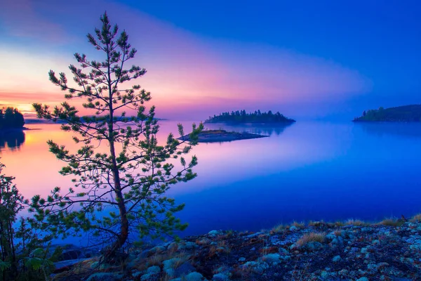 Sunrise over the lake. Islands in Finland. Wild nature. Foggy morning. Islands in the fog. Finland in the summer. Islands of stone. Traveling in Finland.