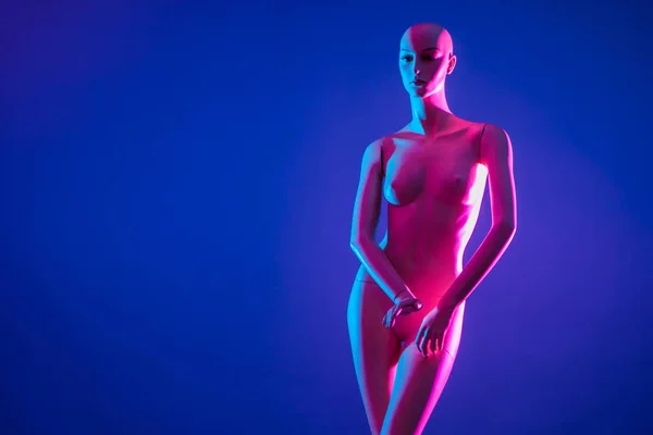 Neon lighting. Woman dummy in neon light. Silhouette of a woman in neon lighting. Decor. Plastic woman in pink light.