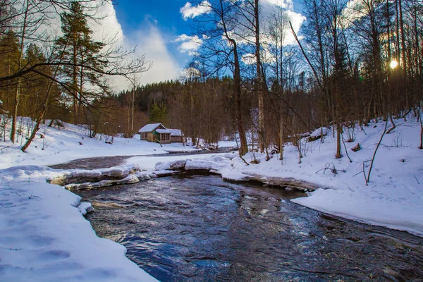 Russia. Republic of Karelia. Winter in Karelia. Travel in the Republic of Karelia. Cabin in the forest. Winter river. — Stock Image Russia Republic Karelia Winter Karelia Travel Republic Karelia Cabin Forest Stock Picture